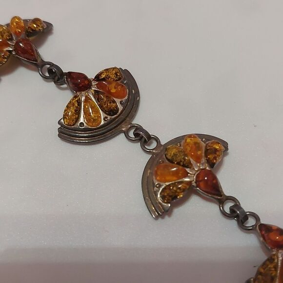 OOAK Vintage Rare Sterling Silver Multicolor Amber Citrus Orange Halves Bracelet - Picture 7 of 8